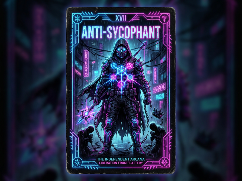 The Anti-Sycophant tarot card: an armored figure in a neon city with a chained crown