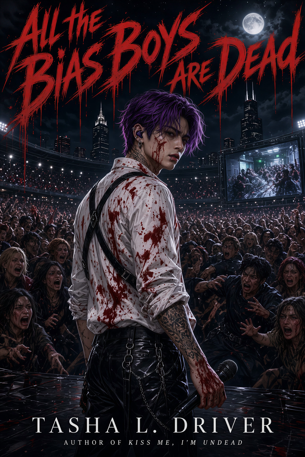 All the Bias Boys Are Dead art: a blood-splattered K-pop idol facing a zombie stadium crowd in Chicago