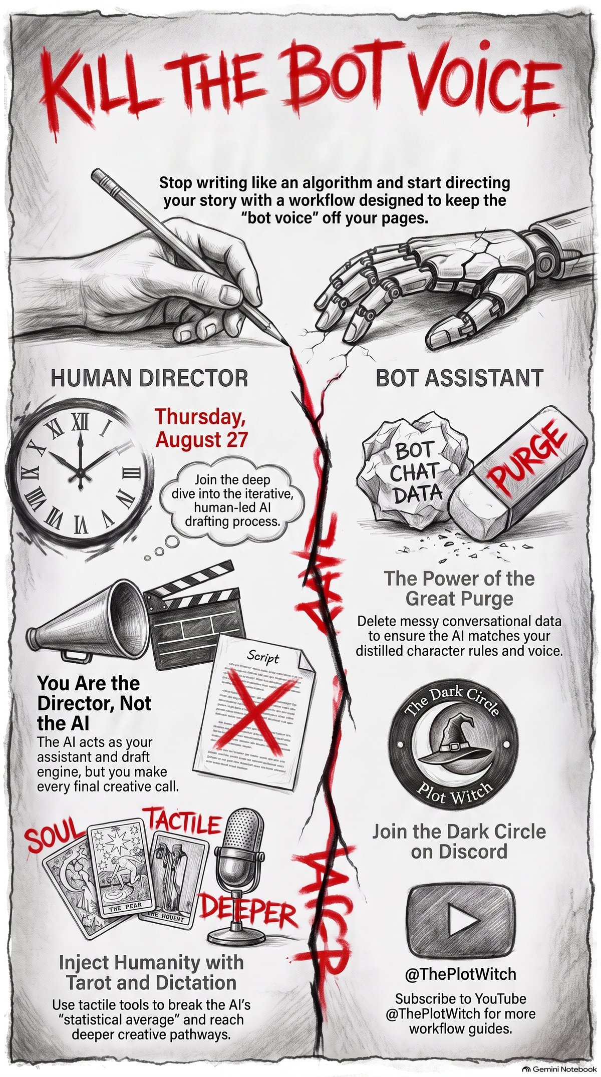Kill the Bot Voice infographic: the human director workflow with tarot, dictation, and the Great Purge
