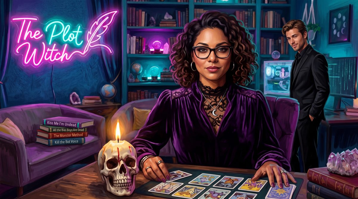 The Plot Witch seated at a tarot spread beside her stack of novels