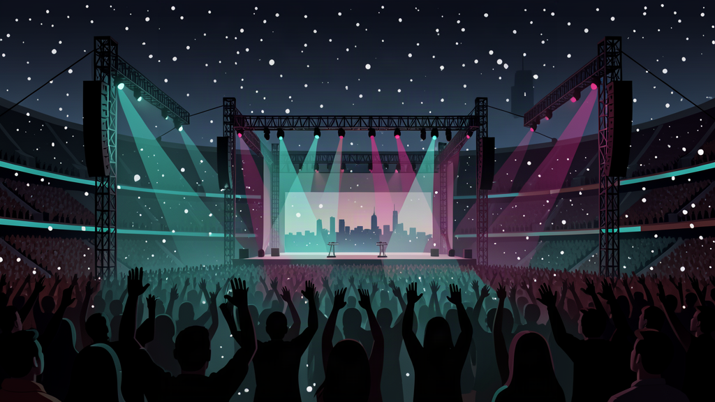 A neon-lit stadium stage at night