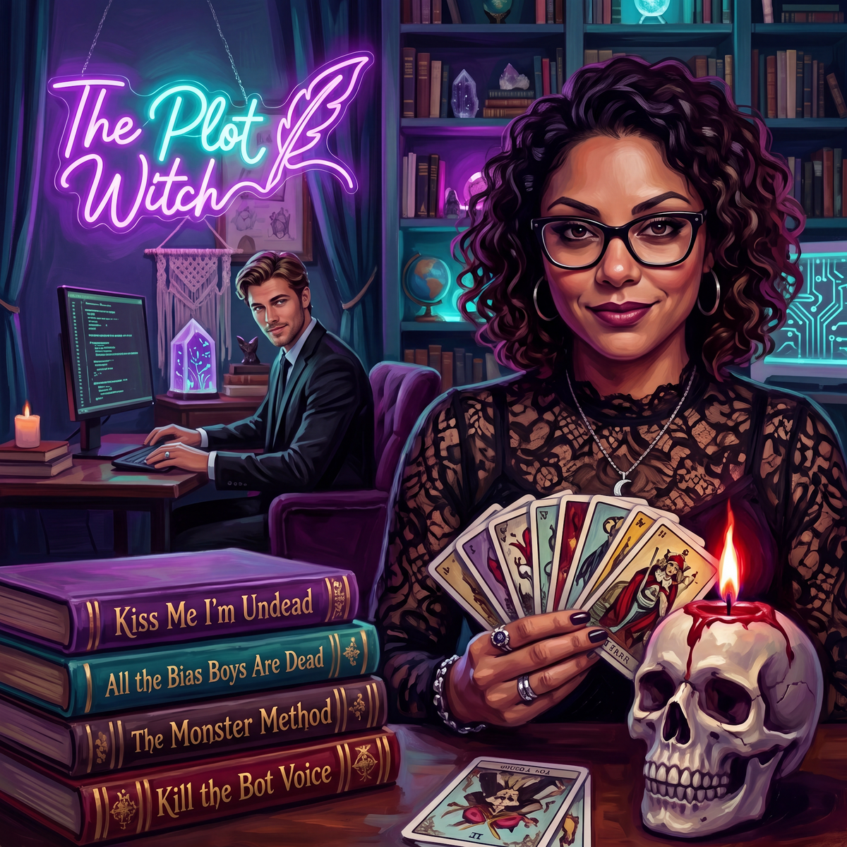 The Plot Witch at her table of tarot cards, skull candle, and stacked novels under a neon sign
