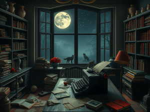 A gothic study at night: typewriter, skull candle, wolves at the window under a full moon